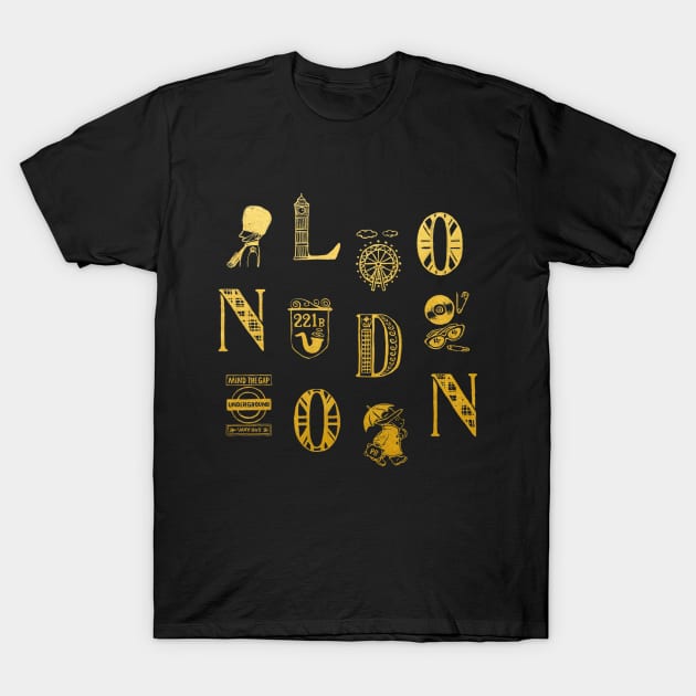 London Alphabets - Vintage Gold T-Shirt by akaneyabushita